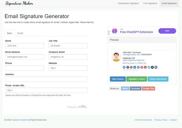 trang web tạo chữ ký email miễn phí Signature market