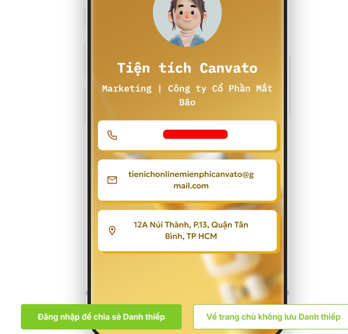 Giao diện các tùy chọn chia sẻ danh thiếp điện tử với nút "Copy Link"
