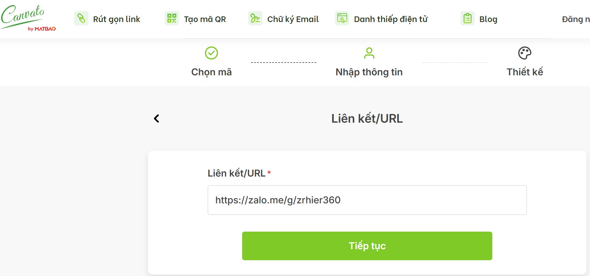 Dán link zalo lên trình tạo mã qr