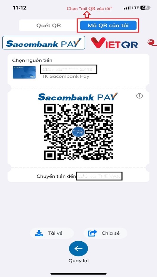 Chọn “mã QR của tôi” ngân hàng Sacombank